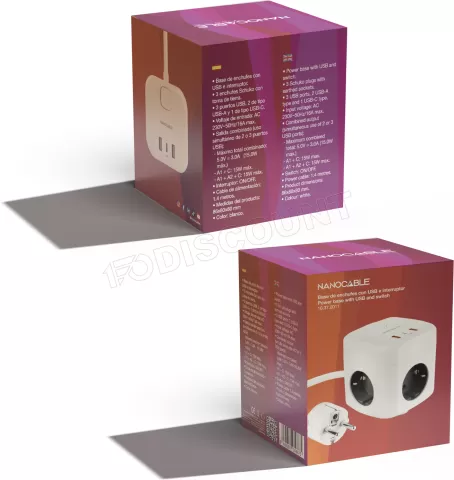 Photo de Multiprise Nanocable GaN  x 3 prises + x 2 USB-A + x 1 USB-C 20w (Blanc)