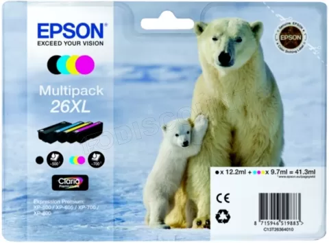 Photo de Pack 4 cartouches d'encre Epson Ours Polaire 26XL (Noir, Cyan, Magenta, Jaune)