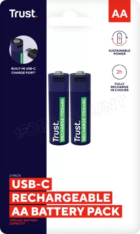 Photo de Pack de 2 piles rechargeables par USB-C Trust type AA - 1700 mAh (R06)