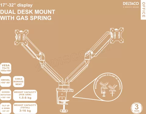 Photo de Support Double écran à fixer Deltaco ARM-0351 (16kg max) (Noir)