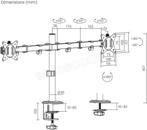 Photo de Support double-écran à fixer Maclean MC-754N 17"-32" (9kg max) (Noir)