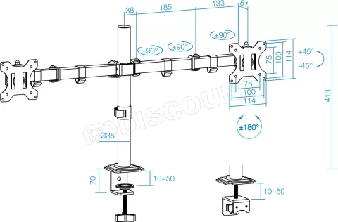 Photo de Support double-écran à fixer Tooq DB1802TN 17"-27" (8kg max) (Noir)