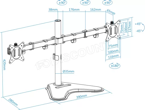 Photo de Support double-écran à poser Tooq DB1702TN 17"-32" (9kg max) (Noir)