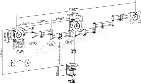 Photo de Support Triple écran à fixer Deltaco ARM-0301 (24kg max) (Noir)