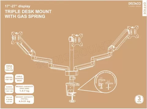 Photo de Support Triple écran à fixer Deltaco ARM-0352 (24kg max) (Noir)